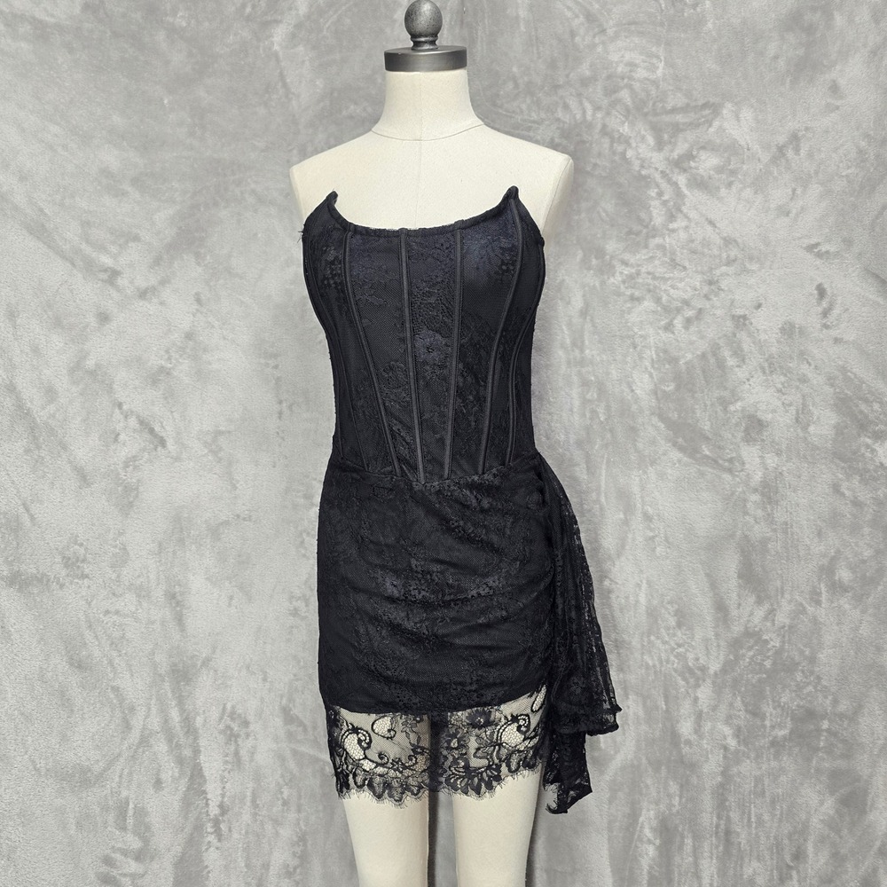 Whimsigoth Fashion Nova Black Lace Corset Mini Dress Womens Boning‎ Emo Ruched M